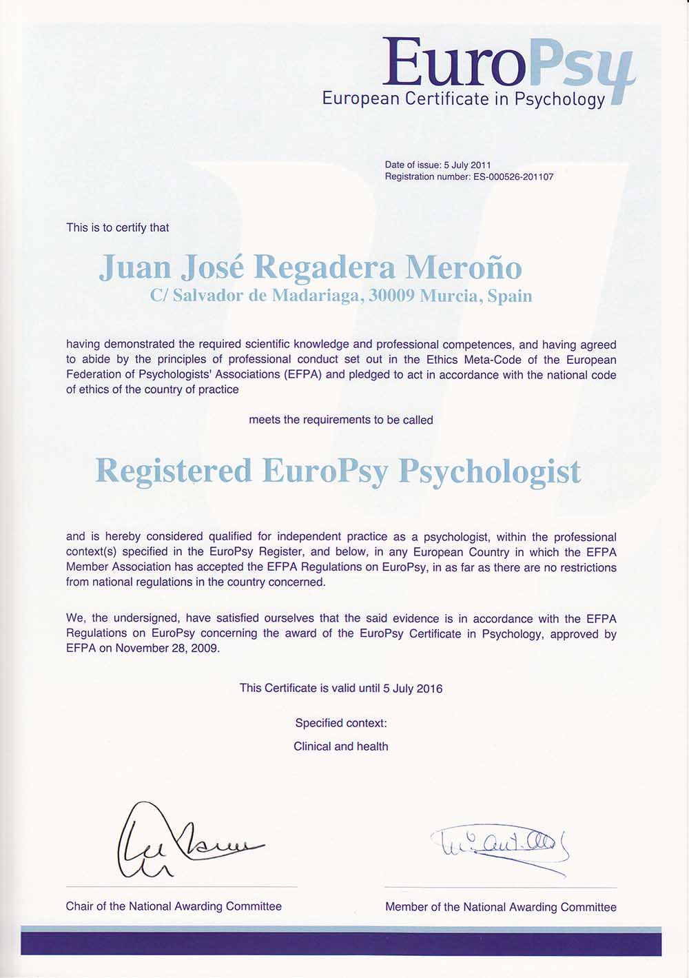 titulo europsy psychologist Dr. Juan José Regadera Meroño
